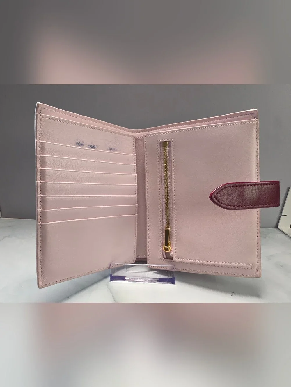 Celine Medium Strap Wallet Light Pink & Burgundy Leather w/ Box